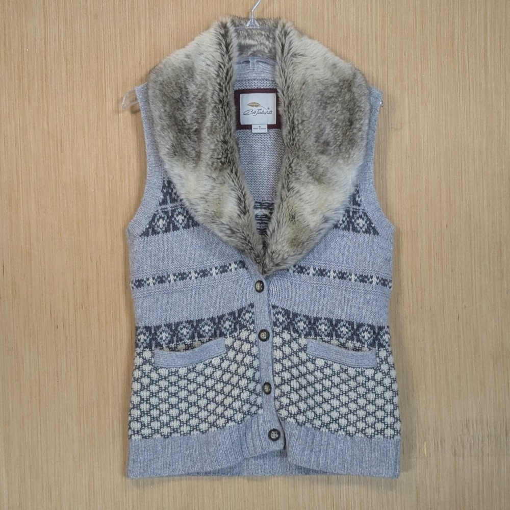 Bob Timberlake Vest Womens Medium Faux Fur Collar Fair Isle Knit Wool Blend Cozy